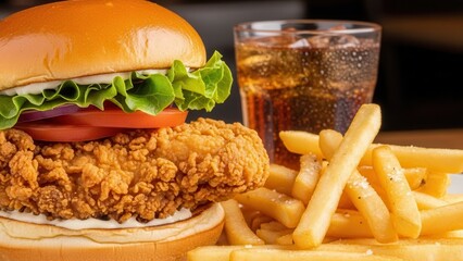 Close up perspective of crispy fried chicken burger combo emphasizing golden texture for restaurant advertising