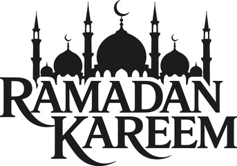 Ramadan Kareem text with mosque silhouette and crescent moon