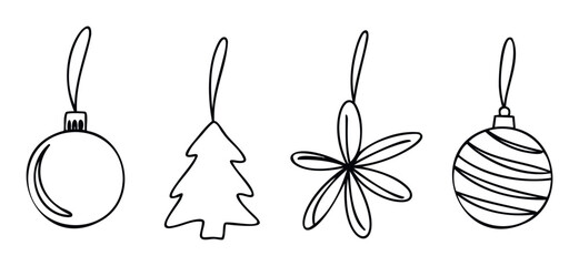 Simple festive holiday ornament collection featuring classic round baubles, a charming Christmas tree, and a whimsical star shape perfect for seasonal greeting cards, winter party