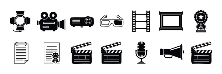 Comprehensive collection of film and cinema production icons representing essential filmmaking tools and elements for graphic design, web applications, and media industry presentations.