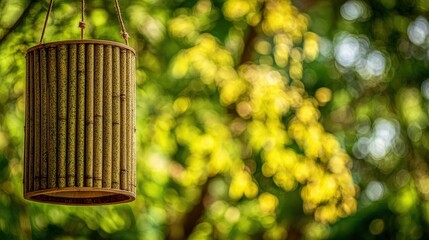 Cylindrical bamboo lantern hangs outdoors with a bright, blurred natural background.