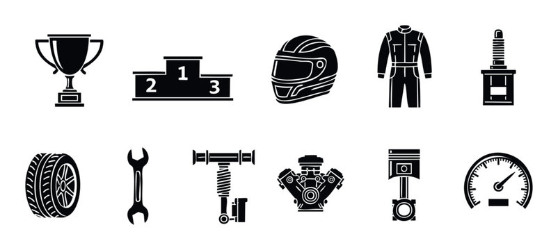 Essential racing and car mechanics icons, including trophy, podium, helmet, engine, and tools, perfect for automotive themed websites, presentations, and applications - Powered by Adobe