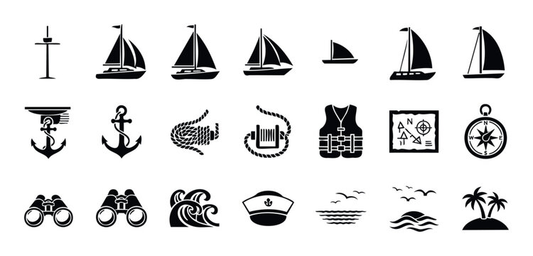 A comprehensive set of black silhouettes representing sailing, sea travel, and nautical adventure perfect for web icons, mobile applications, and marine themed designs