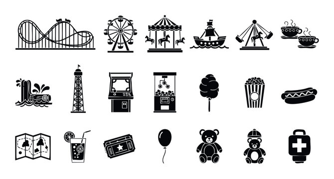 A comprehensive collection of monochrome icons depicting popular amusement park attractions, rides, games, food, and essential items, perfect for themed entertainment industry marketing