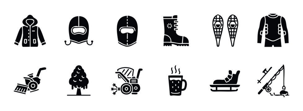 Black glyph icons depicting winter clothing, snow gear, outdoor activity items, hot beverages, and cold weather sports equipment for seasonal themes and informational graphics purposes.