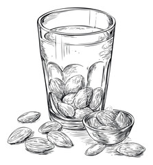 Botanical line drawing depicting wholesome almonds in a tall glass and small ceramic bowl, with loose nuts on a surface, perfect for foodrelated projects and health promotion materials.