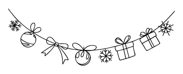 Minimalist holiday garland with charming line drawing snowflakes, wrapped presents, and ornaments, ideal for winter event promotions or greeting templates.