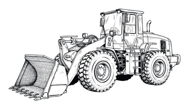 Black and white line drawing of a powerful wheel loader with a large front bucket, perfect for engineering publications, industrial equipment catalogs, and educational materials on heavy