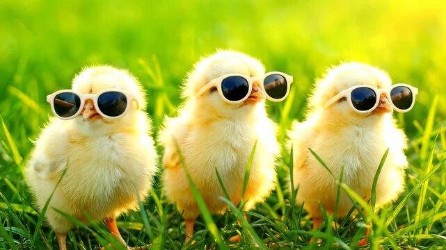 Three fluffy yellow chicks wearing novelty white-rimmed sunglasses stand side-by-side in bright, sunny green grass, concept for Easter promotions, springtime marketing and funny pet memes