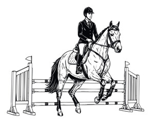 Dynamic black and white graphic showing an equestrian rider and horse leaping over a show jumping obstacle, perfect for sports event promotion or horseback riding club branding.