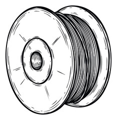 Classic hand drawn black and white rendering of an industrial spool for winding cables or wires, useful for engineering, manufacturing, production, or construction related projects.