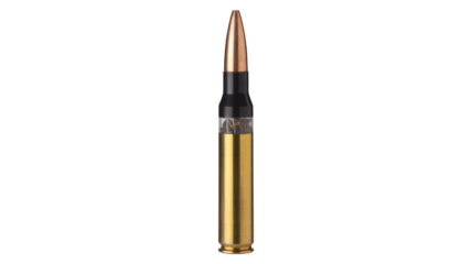 Single Bullet Cartridge in Isolated Studio Shot with Dramatic Lighting on White Background for Firearms Advertising