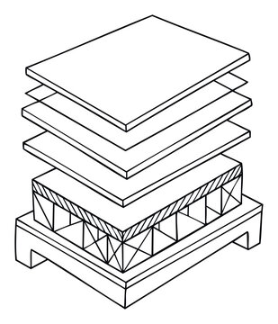 Exploded view diagram illustrating structural layers, insulation, and panels of a building component for educational materials, architectural planning, construction guides, or engineering