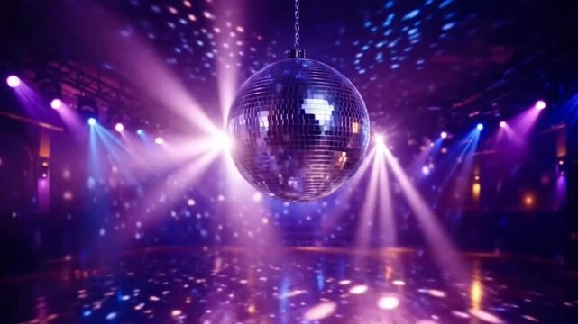 Disco lights shine as the mirror ball spins at a dance venue during a lively evening celebration video