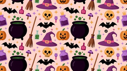 Seamless Halloween pattern with witches hats cauldrons and bats