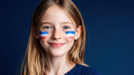 Young girl displays facial painting featuring colors representing a national emblem against a dark backdrop