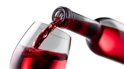 Dynamic pour of rich red liquid from a glass bottle into a clear drinking glass, captured with beautiful reflections and motion, ideal for beverage industry marketing, hospitality branding,