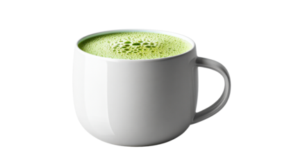 Invigorating green matcha tea with a frothy top in a minimalist white ceramic mug ideal for health and wellness beverage promotions and caf menu presentations.