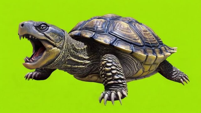 Snapping turtle with aggressive expression on bright green background