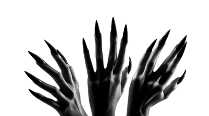 Mysterious dark hands with sharp black stiletto nails evoke a dramatic gothic horror aesthetic perfect for spooky Halloween promotions or elegant dark beauty themes