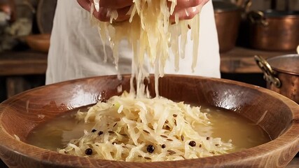 Preparing Dough in Wooden Bowl.