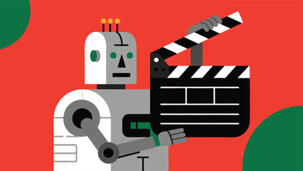 Illustration of a Robot Figure Holding a Film Board Vector Design Template
