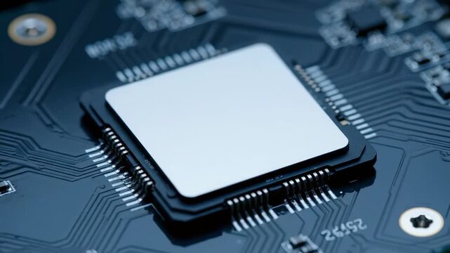 Macro detail of a blank processor chip installed on a dark blue circuit board, concept for advanced computing, artificial intelligence development and future technology research