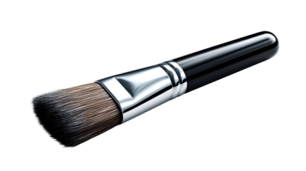 Professional makeup brush with soft bristles and a sleek shiny black handle used for applying various cosmetics and beauty products perfect for promotional content