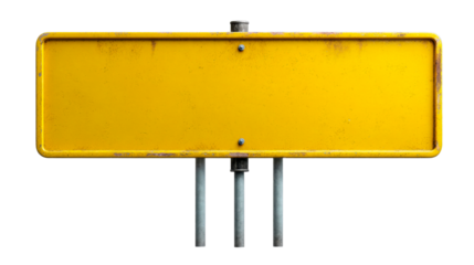 Blank yellow weathered road sign with rounded corners on metal poles ready for custom text or directional information for navigation and communication purposes