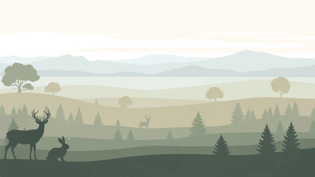 A serene forest landscape with deer and trees in the distance viewed from a hilltop