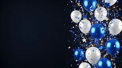 Celebration with blue and white balloons and confetti