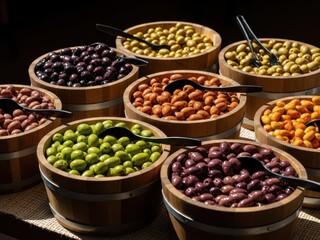 A variety of olives displayed in wooden bowls on a table with different colors and types