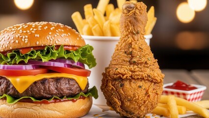 Close range perspective emphasizing juicy burger and crispy fried chicken for value meal advertising