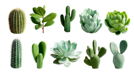 A diverse collection of resilient green cacti and beautiful succulents displaying unique shapes and textures, perfect for botanical themes or minimalist home decor inspiration.