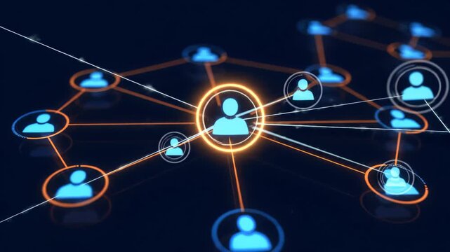 Digital visualization of user network connections with a glowing central node on a dark background, concept for social media marketing, big data analysis and professional networking