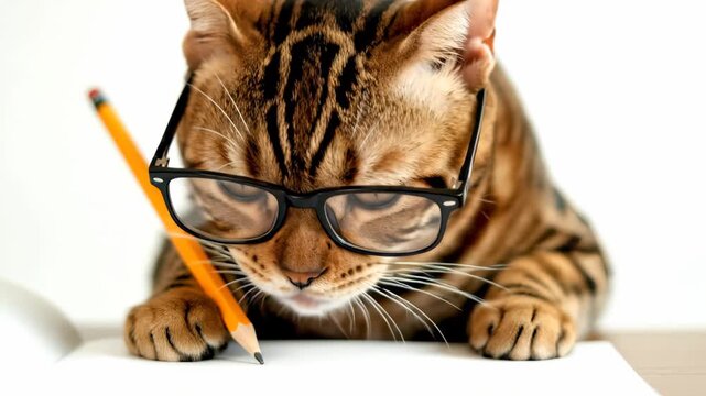 Clever striped Bengal cat wearing black eyeglasses, paw resting on pencil and white paper, concept for student branding, educational materials and humorous pet advertising