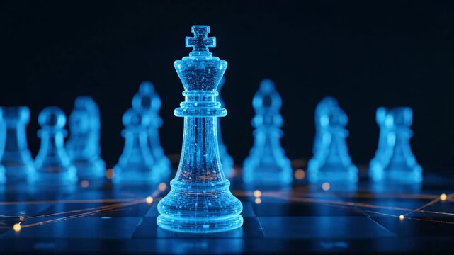 Detailed close-up of glowing blue futuristic king chess piece on a dark digital board with connecting lines, concept for competitive strategy, business analytics and futuristic networking