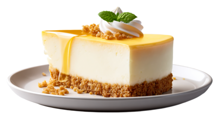 Indulgent slice of creamy cheesecake topped with golden honey glaze, whipped cream, and fresh mint leaves, ideal for dessert advertisements or culinary presentations.