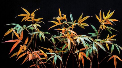 Variegated bamboo foliage displays vibrant warm and cool colors against a deep black background