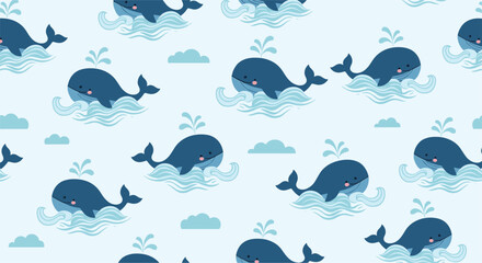 Naklejka premium Cheerful seamless pattern showing happy blue whales jumping through ocean waves under a soft blue sky with fluffy white clouds.