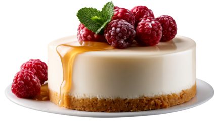 Delicious creamy cheesecake dessert with fresh red raspberries and green mint leaves topped with golden caramel sauce on a crunchy graham cracker crust perfect for sweet treat menus