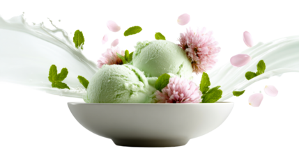 Refreshing scoops of light green mint ice cream with swirling milk splashes and delicate pink flower petals, ideal for food advertisements and summer dessert promotions