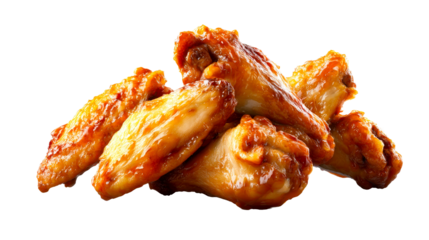 Appetizing goldenbrown roasted chicken wings coated in a sweet savory glaze arranged in a delicious pile, ideal for restaurant menus food promotions recipe books or culinary advertising.