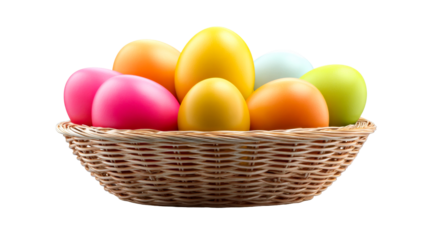 A charming wicker basket filled with vibrant multicolored Easter eggs, perfect for spring holiday celebrations and seasonal product promotions.