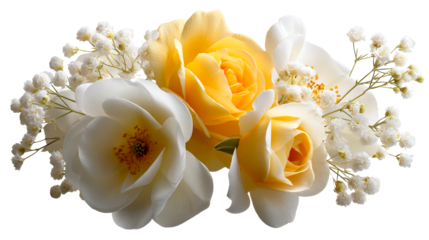 Elegant bouquet featuring vibrant yellow roses and delicate white blossoms, perfect for conveying purity and joy in wedding invitations, greeting cards, or celebratory event decorations.