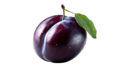 A vibrant fresh plum with a delicate green leaf and stem showcases its rich dark purple skin adorned with refreshing water droplets, perfect for culinary, health, and natural foodrelated