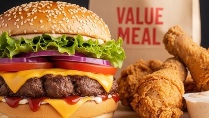 Close range perspective emphasizing juicy burger and crispy fried chicken for value meal advertising
