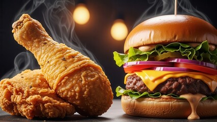 Cinematic close perspective highlighting golden fried chicken and burger for food marketing