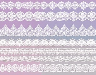 Seven white lace borders of varying designs, layered on a gradient purple-pink background