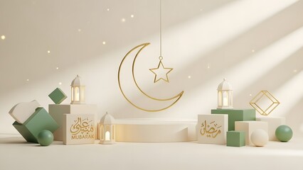 A professional 3D render of an Islamic celebration background featuring a crescent moon, stars, lanterns (fanous), and a podium for product placement. Perfect for Eid al-Fitr or Ramadan greeting cards